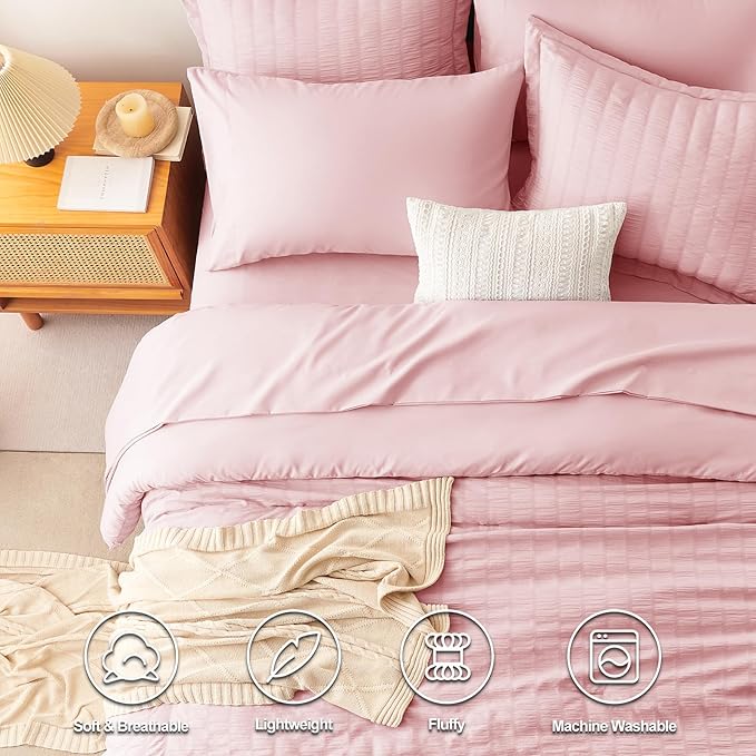 CozyLux Queen Comforter Set Pink Seersucker 7 Pieces Bed in a Bag Queen Comforter Set with Sheets, Luxury Soft Bedding Set with Down Alternative Comforter, Sheets, Pillowcases & Shams All Seasons