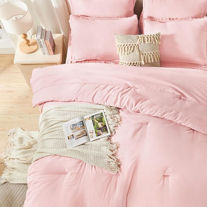 Andency Full Size Comforter Set Light Pink -7 Pieces Boho Tassel Bed in a Bag Soft Lightweight Bedding Sets, Fringe All Season Bed Set with Comforter, Sheets, Pillowcases & Shams