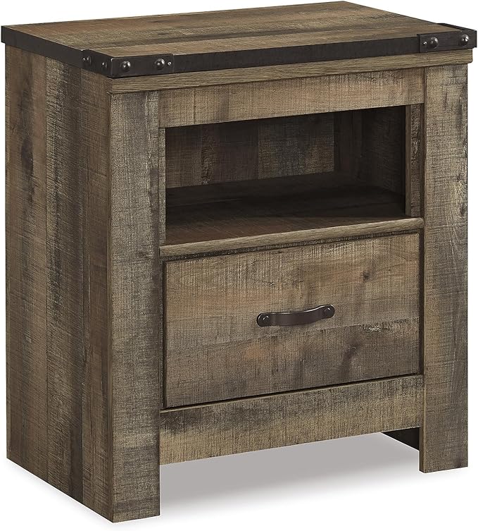 Signature Design by Ashley Trinell Rustic 1 Drawer Nightstand, USB Charing, Storage Cubby, Nailhead Accents, Wood, 24.72" W x 16.18" D x 26.22" H, Warm Brown