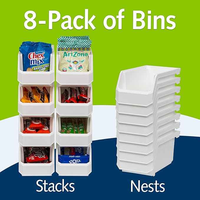 Plastic Containers for Organizing and Storage Bins for Closet, Kitchen, Office, Garage or Pantry Organization, Stackable Bins, Medium (11" x 5" x 5.5"), 8-Pack, White