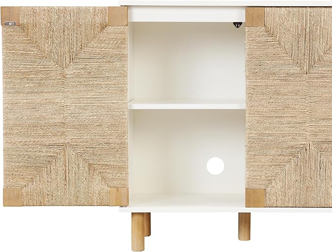 Nathan James Beacon Accent Natural Sideboard Storage Cabinet TV Stand with Adjustable Interior Shelf and Seagrass Doors, for Hallway, Entryway or Dining Room, Light Brown/White, Set of 4