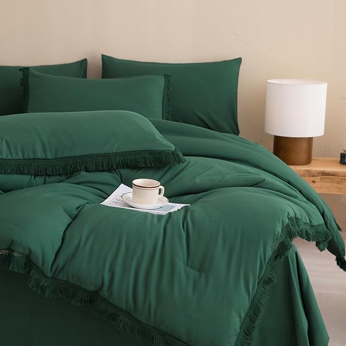 Andency California King Size Comforter Set with Sheets Emerald Green - 7 Pieces Cal King Bed in a Bag Boho Bedding Sets, Dark Green Fringe Bed Set with Comforter, Sheets, Pillowcases & Shams