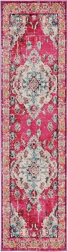 SAFAVIEH Monaco Collection Runner Rug - 2'2" x 12', Pink & Multi, Non-Shedding & Easy to Clean, Distressed Medallion Design, Ideal for Hallway, Foyer, Entryway, Kitchen, Bedroom (MNC243D)