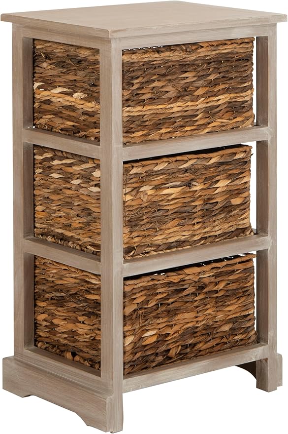 SAFAVIEH Home Collection – Halle White Washed Storage Side Table with Wicker Baskets, Farmhouse Accent Storage, Fully Assembled (AMH5738E)