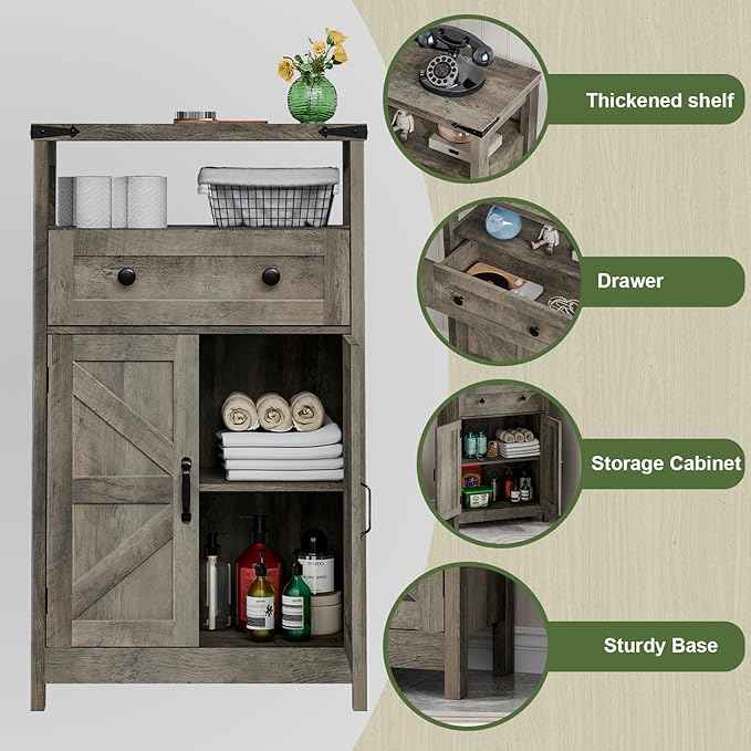 Vabches Small Cabinet with Drawer - Side Storage Organizer, Farmhouse Rustic Style, Grey for Bathroom, Kitchen, Living Room