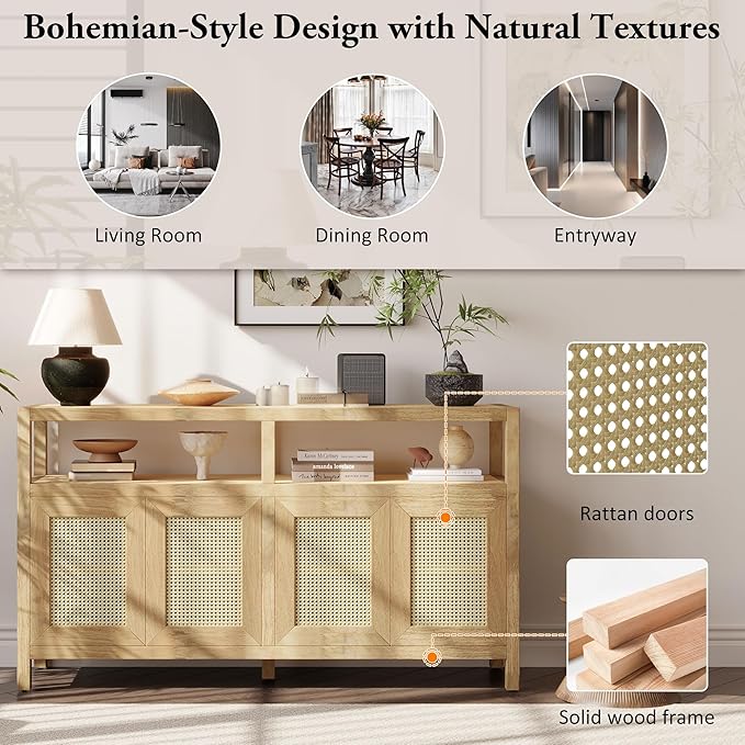 Ball & Cast 60" Rattan Buffet Sideboard Cabinet with Storage, Modern Boho Coffee Bar w/Push-to-Open Doors & Adjustable Shelves, Wood Console Cabinet for Kitchen,Livingroom & Dining Room, Natural