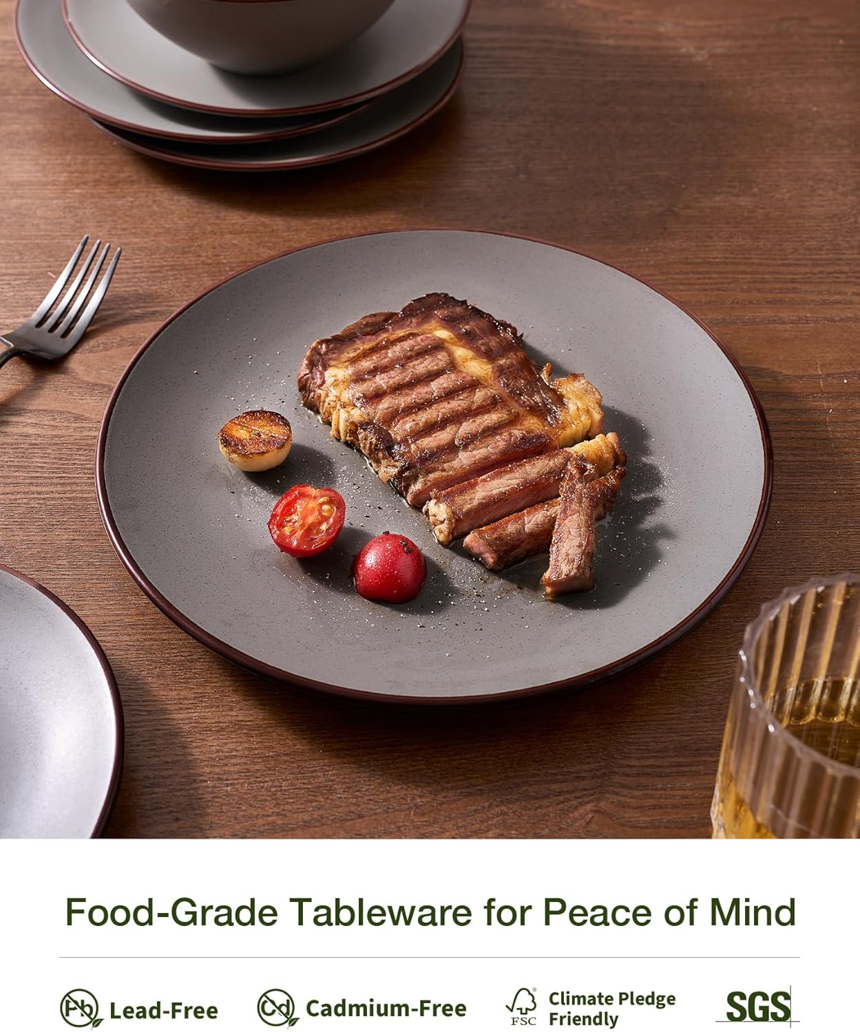 Famiware Venus Ceramic Plates and Bowls Sets, Speckled Dinnerware Dish Sets for 8 (24 Pieces) - Microwave and Dishwasher Safe, Matte Dark Grey