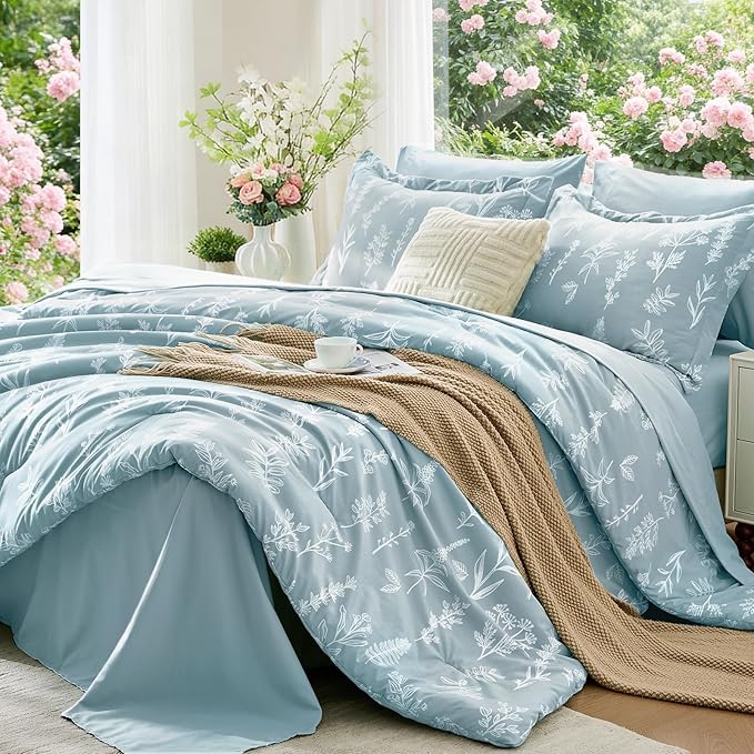 MUXHOMO Mineral Blue Bed in a Bag King 7 Pieces, King Comforter Set Reversible Botanical Flowers Design, Ultra Soft & Breathable Bedding Sets with Comforter, Sheets, Pillowcases & Shams