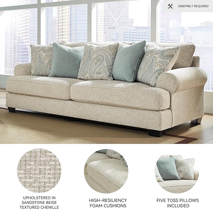 Signature Design by Ashley Monaghan Vintage Sofa with Accent Pillows, Reversible Cushions and Rolled Arms, Beige