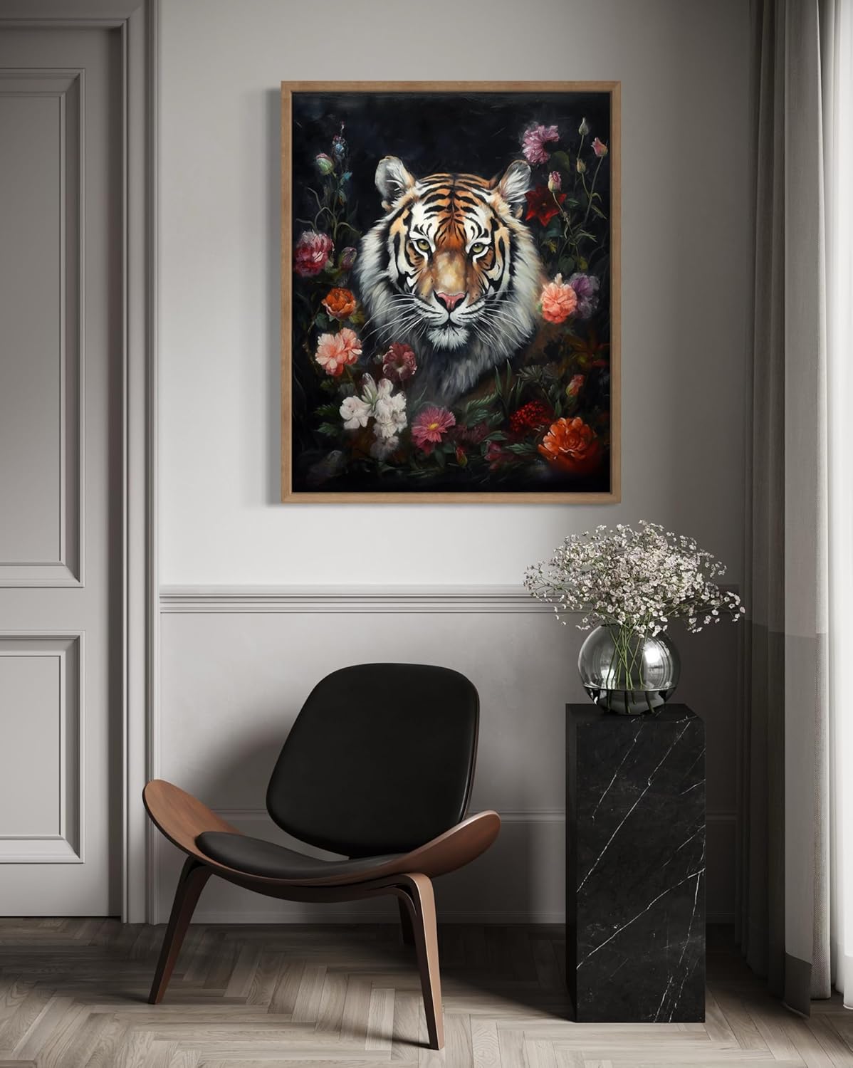 Tiger and Flower Poster Art Print, Halloween Scary Vintage Wall Art Academia Spooky Painting Decoration for Horror Prints, Gothic Posters Bedroom Decor 89 (Tiger and Flower, 16 x 20 inches, Wood Frame)