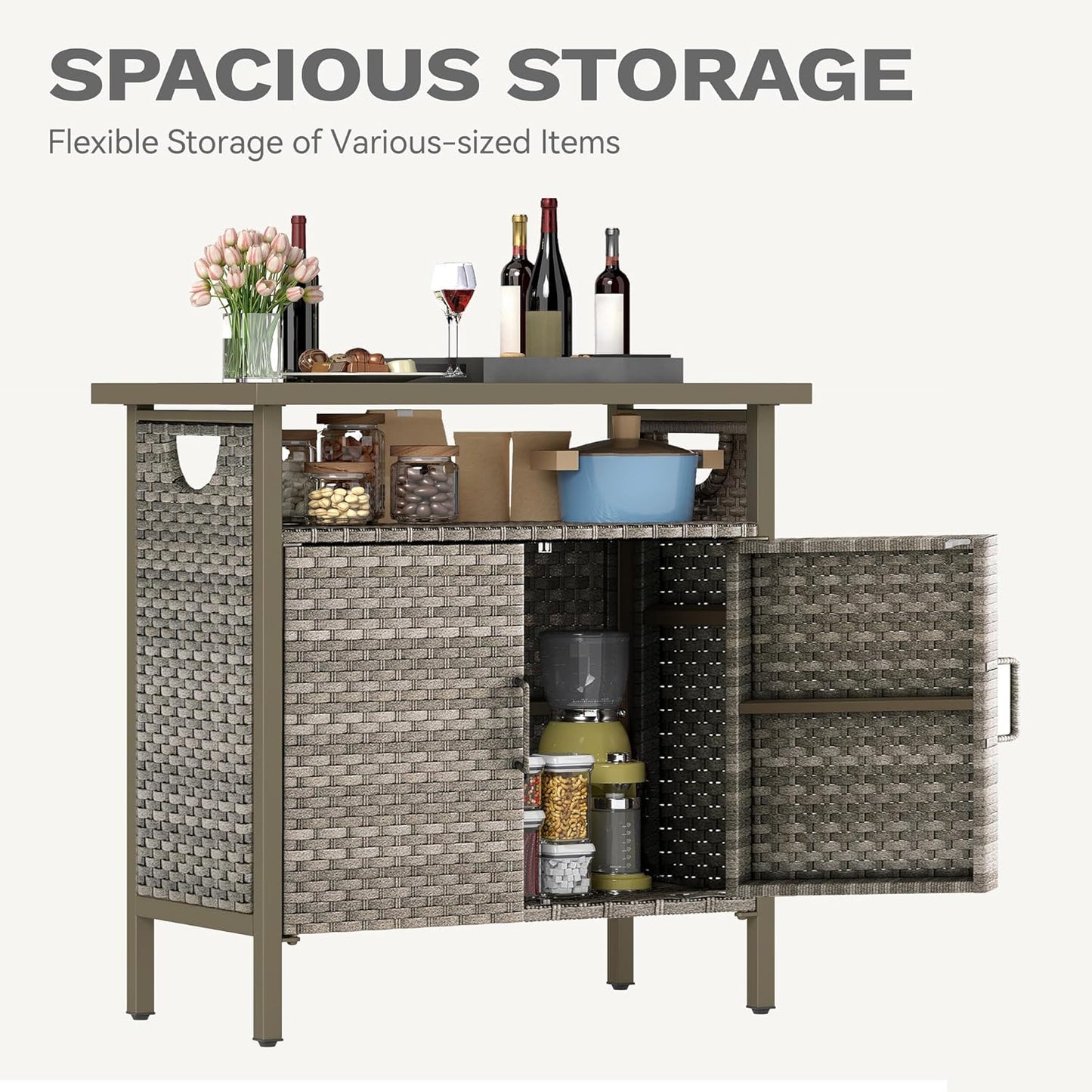 DWVO Patio Storage Cabinet, Outdoor Buffet Cabinet with Two Doors and Shelves, Outdoor Storage Table with PE Rattan for Patio, Backyard, Garden - Light Brown
