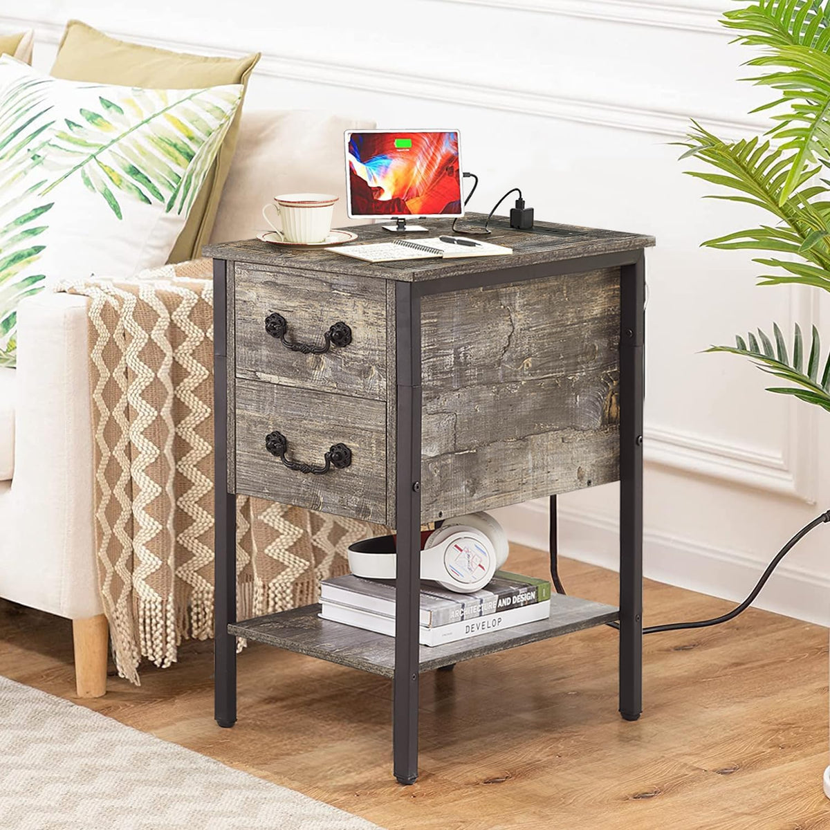End Tables Narrow Nightstands with Charging Station & USB Ports &Drawers