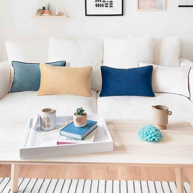 MONDAY MOOSE Decorative Throw Pillow Covers Cushion Cases, Set of 4 Soft Velvet Modern Double-Sided Designs, Mix and Match for Home Decor, Pillow Inserts Not Included (12x20 inch, Blue/Beige)