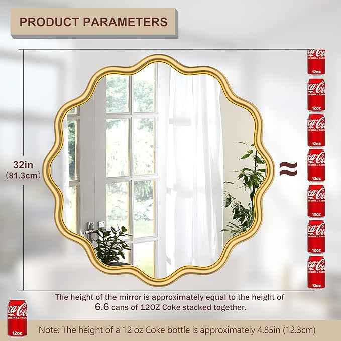 PROHOMEWARE Gold Round Mirror 32 Inch Wavy Bathroom Vanity Mirror Gold Frame Modern Wall Mirror Decorative Wall-Mounte Anti-Rust, Tempered Glass