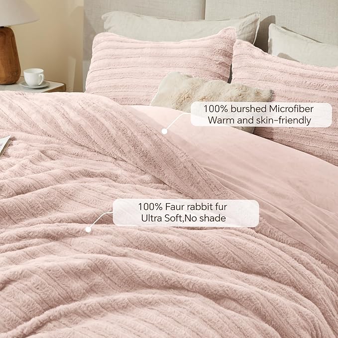 BEDELITE Fleece Queen Comforter Set -Super Soft & Warm Fluffy Pink Faux Fur Bedding, Luxury Fuzzy Heavy Bed Set for Winter with 2 Pillow Cases
