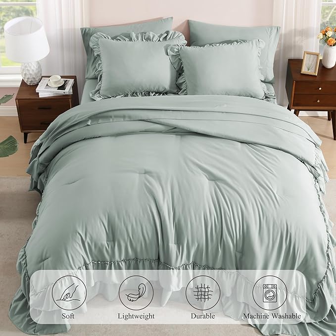 King Size Comforter Set Sage Green, Ruffle Shabby Chic Bedding Set Farmhouse 7 Pieces, All Season Fluffy Bed in a Bag with Sheets, Pillowcases & Shams