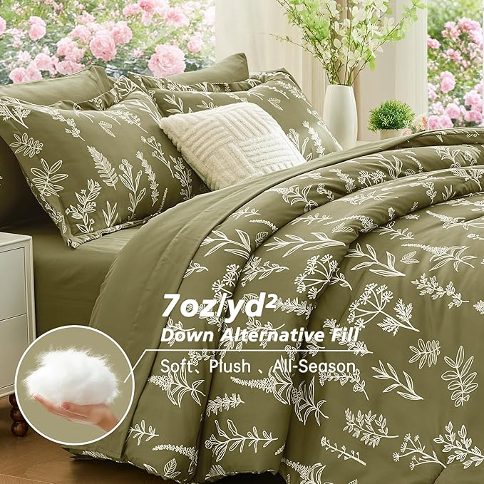 MUXHOMO Olive Green King Comforter Set, Elegant Floral Print Bed in a Bag 7 Pieces, Ultra Soft & Breathable Reversible Botanical Pattern Bedding Set with Comforter, Sheets, Pillowcases, and Shams