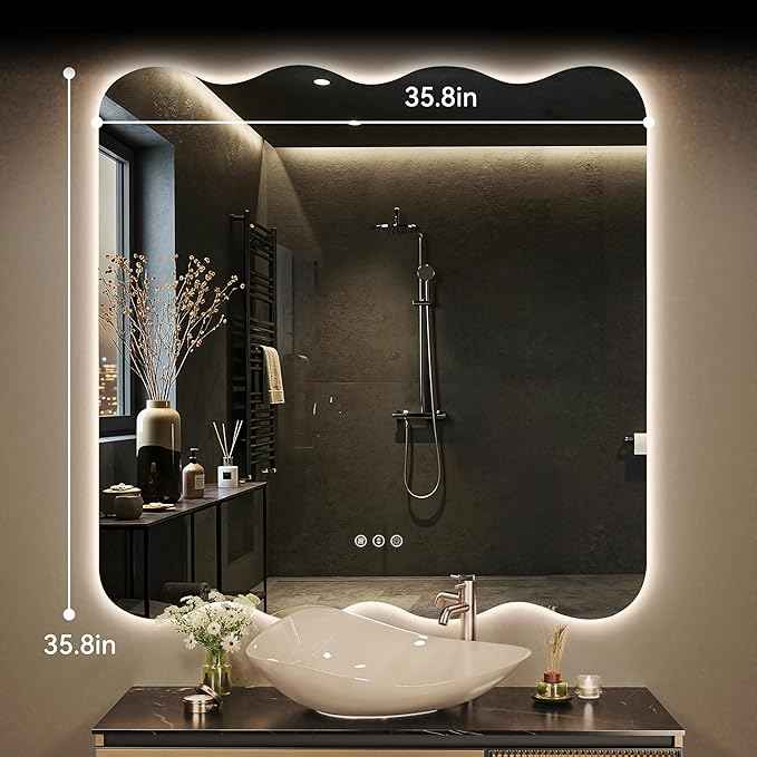 Hasipu Wavy Full Length Mirror with Lights - 36"×36" LED Wavy Floor Mirror, Frameless, Dimmable, Standing or Vertical/Horizontal Wall-Mounted Mirror for Bedroom, Living Room, Cloakroom