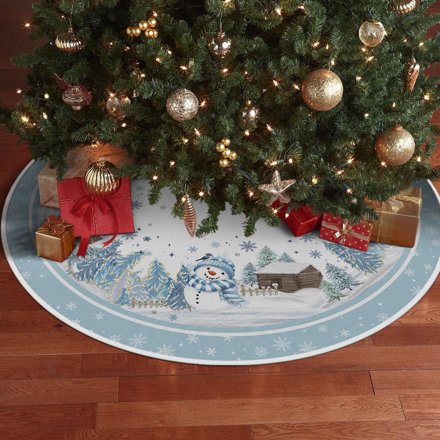 AVOIN colorlife Snowflake Snowman Cardinal Christmas Tree Skirt 48 Inch, Winter Holiday Tree Mat Decoration