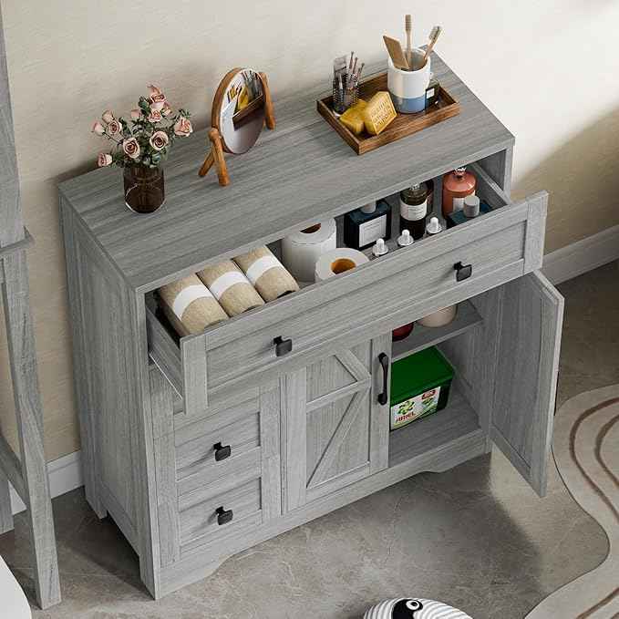 Vabches Farmhouse Storage Cabinet with 2 Doors and 4 Drawers, Freestanding Bathroom Storage Cabinet Kitchen Pantry, Floor Hutch Cupboard for Bathroom/Living Room/Kitchen.(Wash Grey