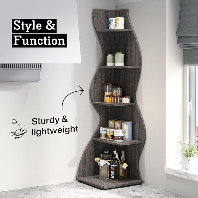 Tribesigns Corner Shelf, Modern 5-Tier Wall Corner Bookshelf, Stylish Corner Small Bookcase Storage Rack Plant Stand with Unique Shape for Living Room, Home Office(Gray, 2PCS)