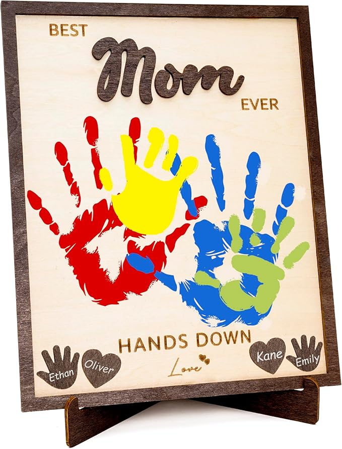 10" Custom Mothers day gifts for mom from daughter/son - Best Mom Ever Hands Down Sign – Gifts for Mom from kids - Diy mothers day Handprint Gift from Kids, Personalized Best mom ever gifts