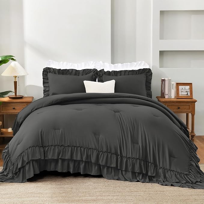 Andency Dark Grey King Comforter Set, Gray Ruffle Farmhouse Shabby Chic Bedding Set, All Season Soft Lightweight Down Alternative Microfiber Bed Comforter Sets