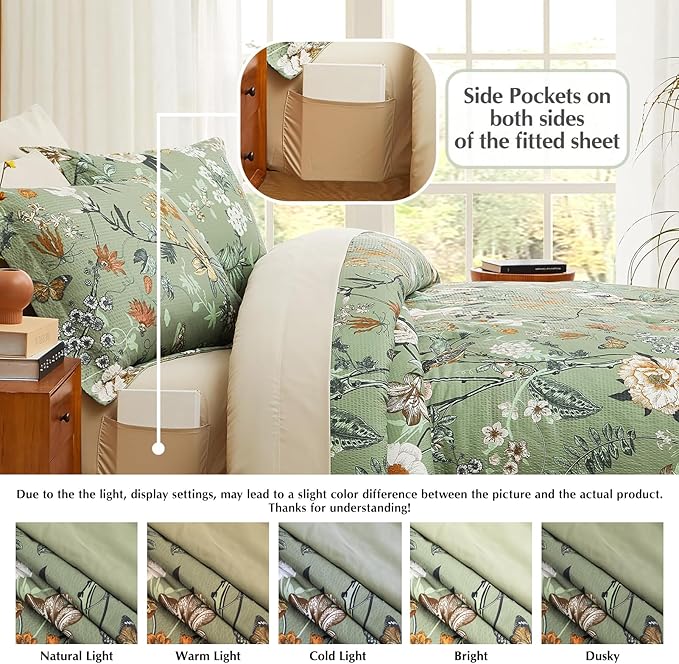 CASAAGUSTO King Size Comforter Set - 7 Pieces Green Floral Bedding Sets, King Bed in a Bag with Botanical Butterfly Comforter, Sheets, Pillowcases & Shams for All Seasons