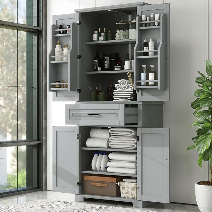72.2" Storage Cabinet with Doors and Drawers, Tall and Wide Kicthen Pantry Cupboard Home Display Organizer with Door Shelf Rack for Bathroom, Adjustable Shelf, Gray