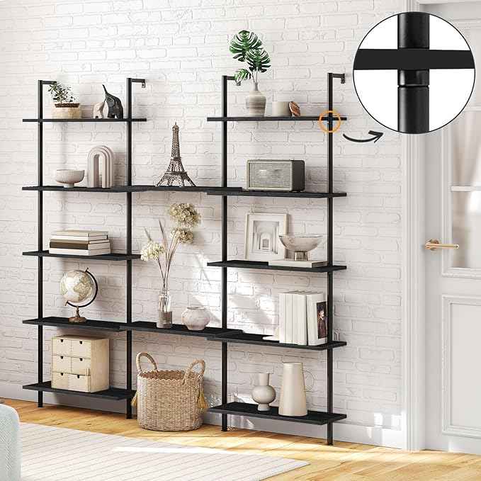 HOOBRO DIY Ladder Shelf, 6-Tier Wall Mounted Bookshelf, Office Vertical Bookcase, Wooden Storage Shelves for Home Office, Bedroom, Black BB65CJ01