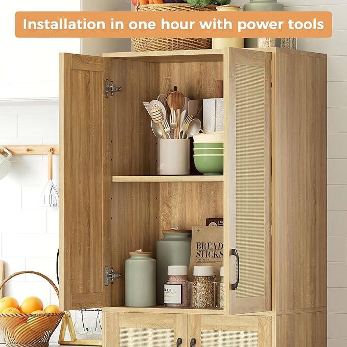 JASIWAY Kitchen Pantry Cabinet, 67" Tall Rattan Storage Cabinet with Doors and Adjustable Shelves, Wooden Linen Pantry Cupboard for Small Spaces Laundry Room Bathroom, Food Snack Towels Storage, Oak