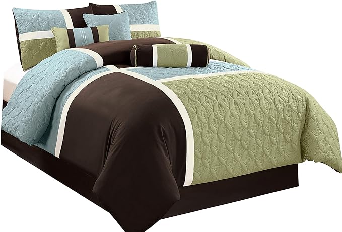 Chezmoi Collection 7-Piece Quilted Patchwork Comforter Set, Coffee Brown/Aqua Blue/Sage Green, Queen