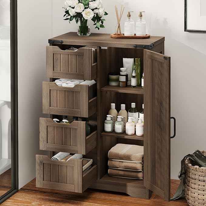 Vabches Farmhouse Bathroom Cabinet, Freestanding Storage Cabinet with 4 Drawers and 1 Door, Rustic Storage Organizer with Adjustable Shelf for Bathroom, Living Room, Entryway, Grey