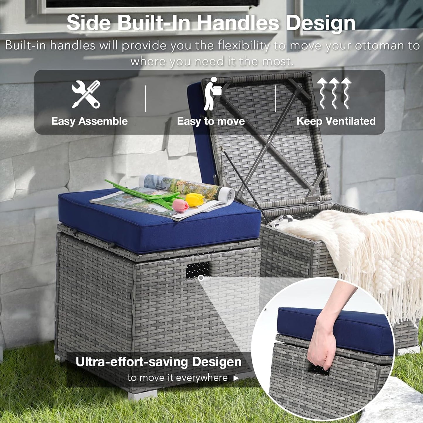 Patiorama 2 Piece Outdoor Patio Ottomans,All-Weather Grey PE Rattan Wicker Ottoman with Storage,Outdoor Footrest Footstool Seat w/Thick Cushion,Built-in Handle for Backyard Poolside Porch (Navy Blue)