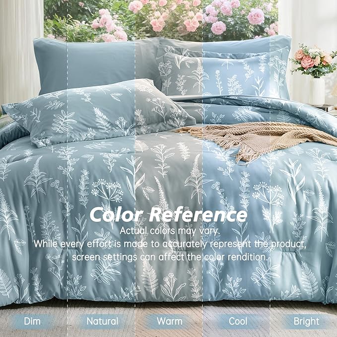 MUXHOMO Mineral Blue Twin Comforter Set, Elegant Floral Print Bed in a Bag 5 Pieces, Ultra Soft & Breathable Reversible Botanical Pattern Bedding Set with Comforter, Sheets, Pillowcase, and Sham