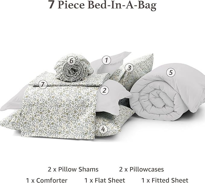 Monbix Full Size Comforter Set - 7 Pieces White Prewashed Bed in a Bag Full Bedding Sets with Comforters, All Seasons Ultra Soft Comforter Bed Set with Sheets, Pillowcases & Shams