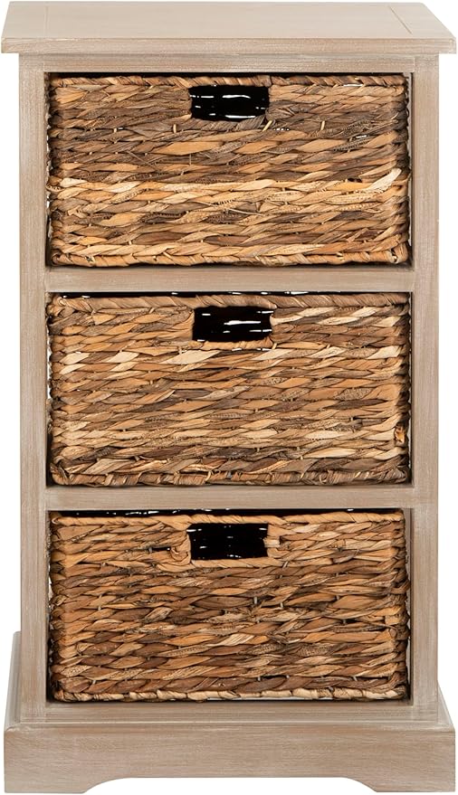 SAFAVIEH Home Collection – Halle White Washed Storage Side Table with Wicker Baskets, Farmhouse Accent Storage, Fully Assembled (AMH5738E)