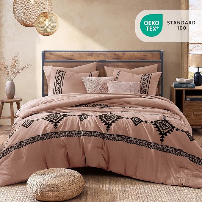 MaiRêve Embroidery Comforter Set, Boho Farmhouse Western Bedding Set, All Season Bed in A Bag Comforter Set with Sheets, Pillowcases & Shams, Dusty Pink Full 7 Pieces