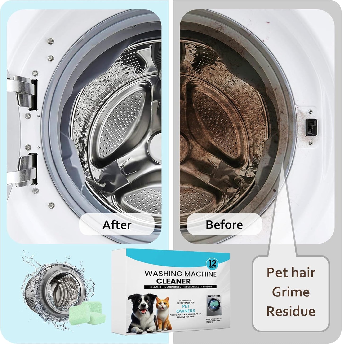 Washer Machine Cleaner Tablets-24Pack-12 Month Supply,Formulated for Pet Owners Washing Machine Cleaner,Compatible with HE,Easily pet hair remover for laundry.Top & Front Load Washer.Septic Safe.