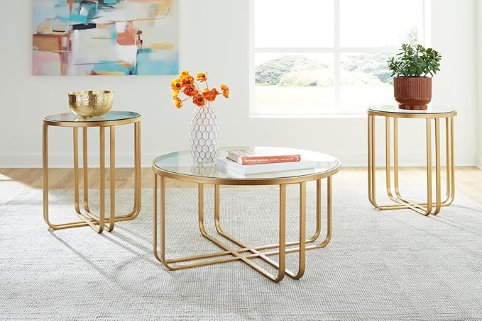 Signature Design by Ashley Milloton Industrial Glass-Tabletop Table with Durable Finish, Set of 3, Metallic