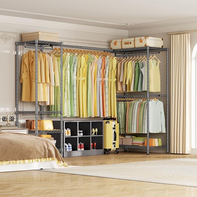 E10L L-Shaped Clothes Rack for Corner（With Expandable Hanger Rod）Heavy Duty Freestanding Clothing Racks for Hanging Clothes，Portable Garment Rack 58-82"W x 30"D x 72"H，Max Load 900LBS，Grey