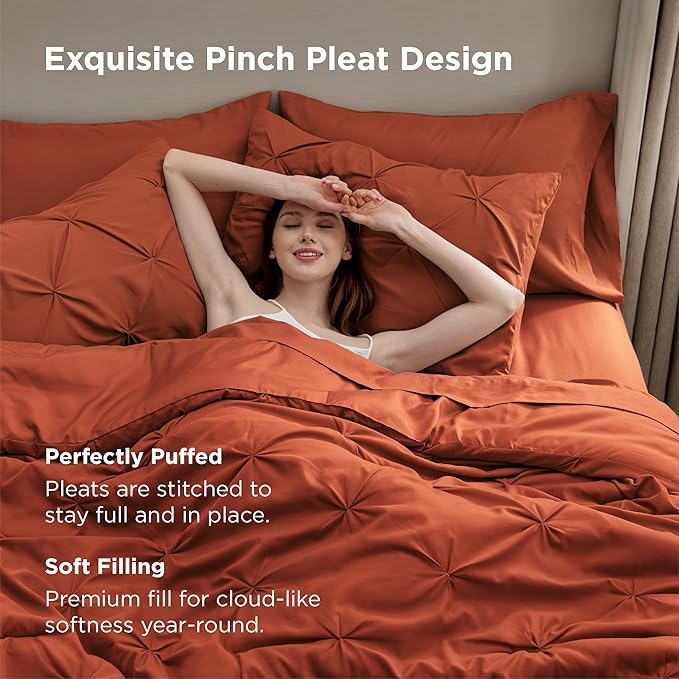 Bedsure King Size Comforter Set Burnt Orange - Bed in a Bag Bedding Set 7 Pieces, GentleSoft™ Pintuck Bed Set Gift for Family, Pinch Pleat Burnt Orange Comforter with Sheets, Pillowcases & Shams