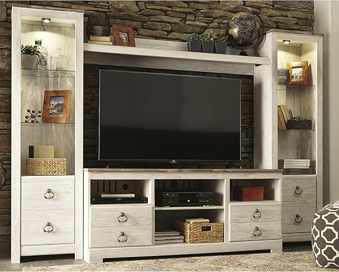 Signature Design by Ashley Willowton Farmhouse 3-Piece Entertainment Center for TVs up to 73" with LED Lighting, Whitewash