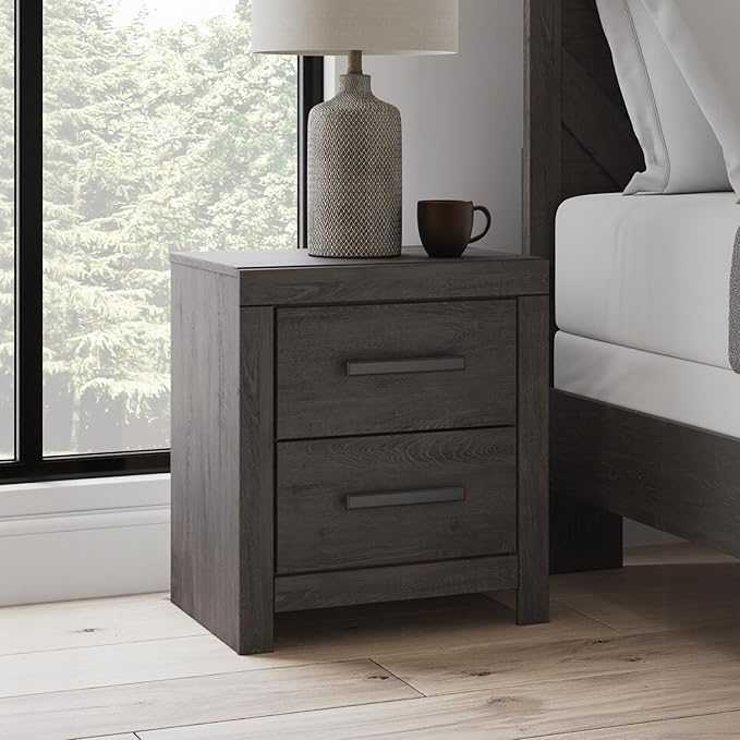 Signature Design by Ashley Prendonea Casual 2-Drawer Nightstand for Bedroom, Wood, Large Handles with Dark Finish, Framed Drawer Fronts, Smooth-Gliding Drawers, 24.41" High, Gray