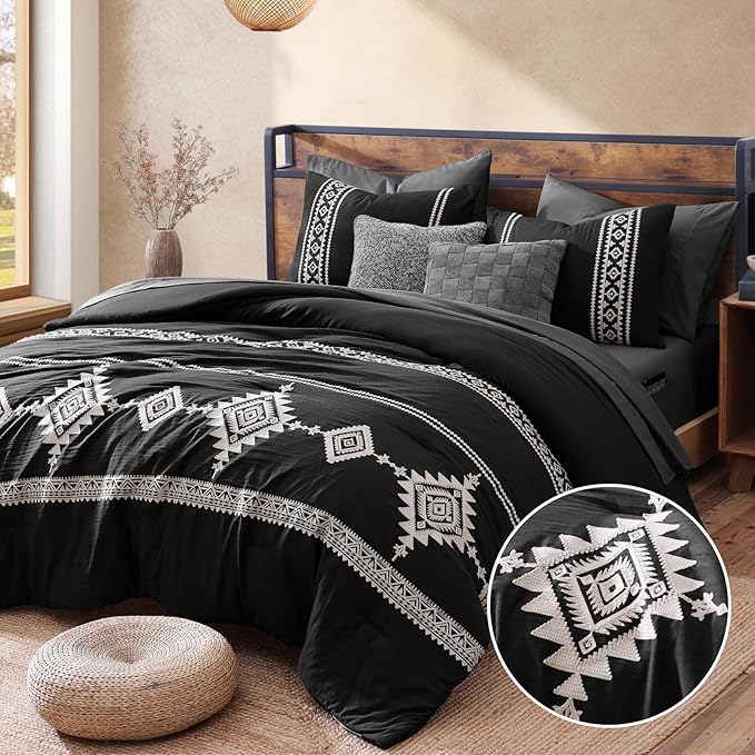 MaiRêve Embroidery Comforter Set, Boho Farmhouse Western Bedding Set, All Season Bed in A Bag Comforter Set with Sheets, Pillowcases & Shams, Black Full 7 Pieces