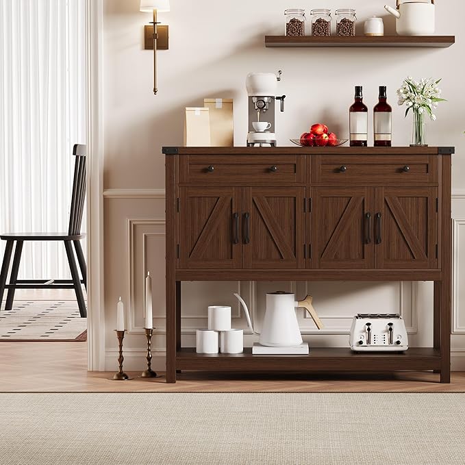 47" Buffet Sideboard Cabinet with 2 Drawers & 4 Barn Doors, Large Farmhouse Kitchen Wood Coffee Bar Cupboard Cabinet, Barn Doors Console Table for Kitchen, Dining Room, Living Room, Entryway, Brown