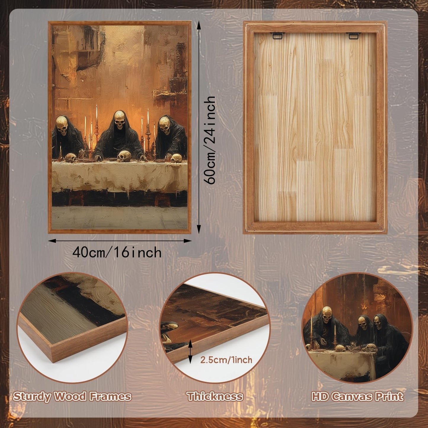 KAIRNE Framed Skeleton Canvas Wall Art,Abstract Retro Skull Pictures Set of 3(16”X24”),Scary Halloween Prints,Horror Wall Art,Skeleton Last Supper Posters for Living Room Bedroom Ding Room Decoration