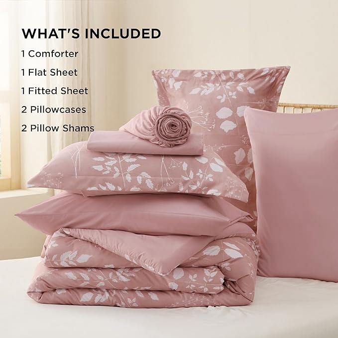 Bedsure Rose Pink Queen Comforter Set - 7 Pieces Floral Bedding Sets Queen Bed in a Bag with Reversible Botanical Flowers Comforter, Sheets, Pillowcases & Shams