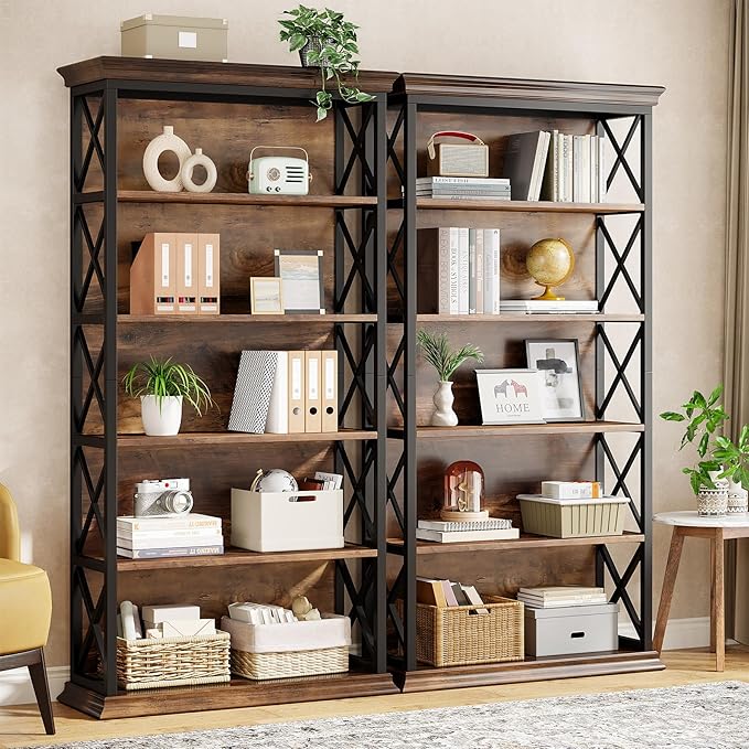 Tribesigns 6-Tier Bookcase Set of 2, 71 Inches Industrial Bookshelves and Bookcases, Floor Standing 5 Shelf Display Storage Shelves Tall Bookcase for Home Office, Living Room, Bed Room