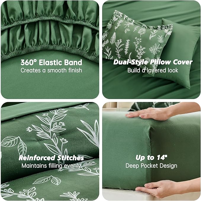 MUXHOMO Dark Green Bed in a Bag Queen 7 Pieces, Queen Comforter Set Reversible Botanical Flowers Design, Ultra Soft & Breathable Bedding Sets with Comforter, Sheets, Pillowcases & Shams